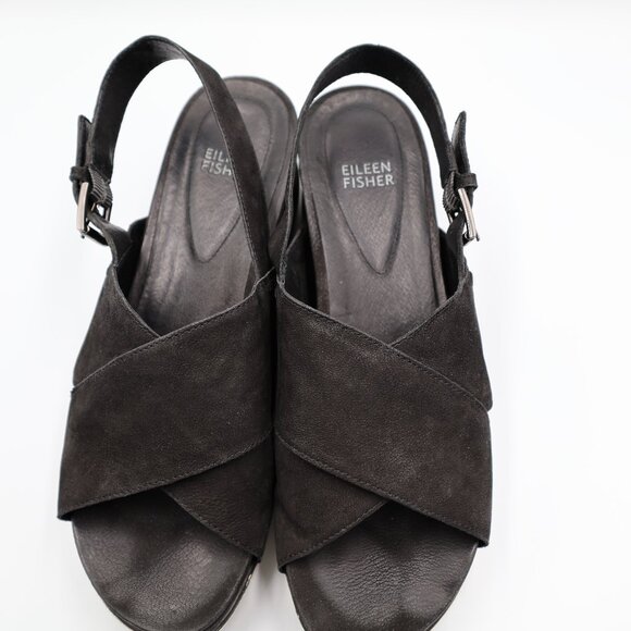 Eileen Fisher Good Slingback Wedge Criss-Cross Black Leather Sandals Size 9 - Picture 4 of 8